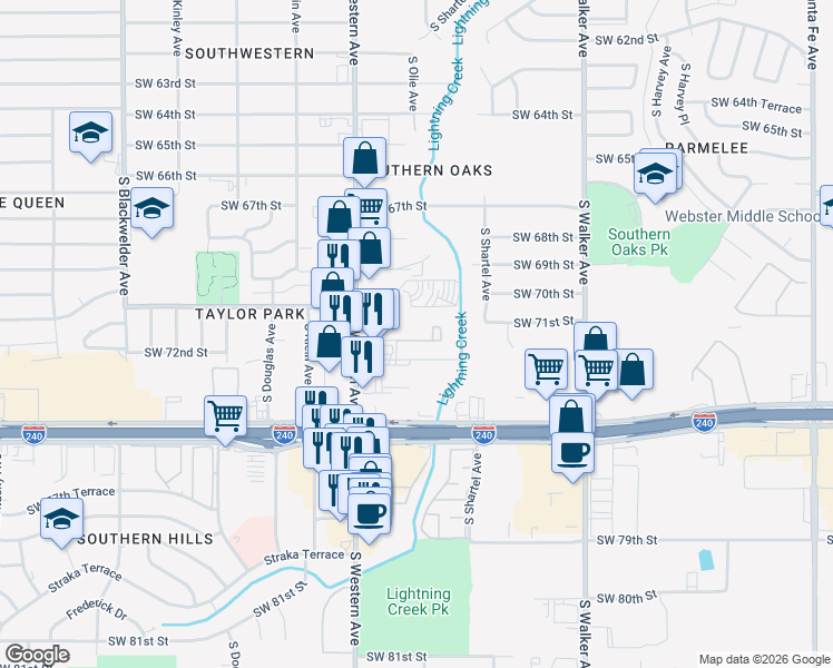 map of restaurants, bars, coffee shops, grocery stores, and more near 805 Southwest 72nd Street in Oklahoma City