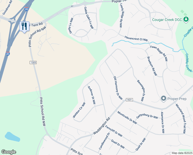 map of restaurants, bars, coffee shops, grocery stores, and more near 1453 Caro-Mar Place Northwest in Concord