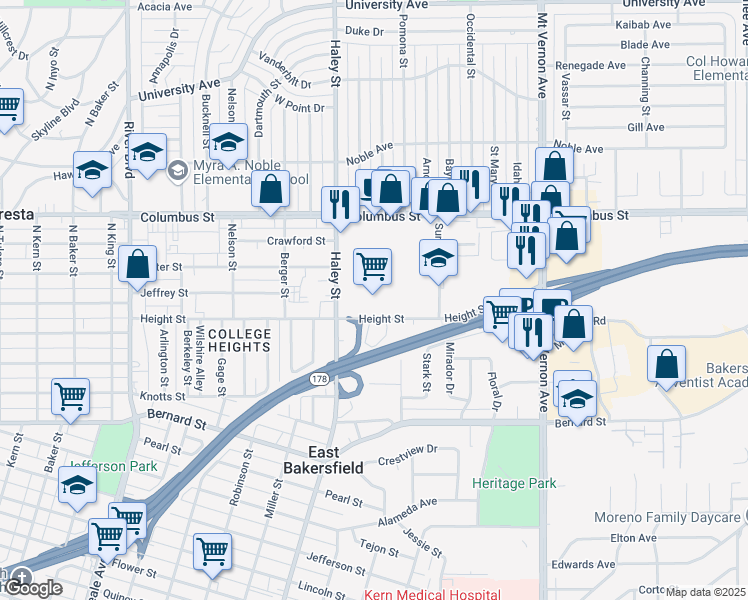 map of restaurants, bars, coffee shops, grocery stores, and more near 1698 Height Street in Bakersfield