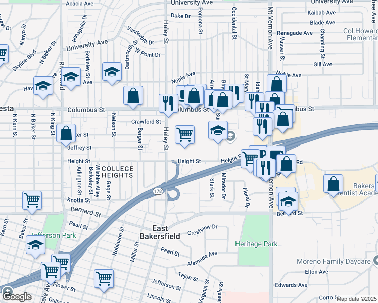 map of restaurants, bars, coffee shops, grocery stores, and more near 1616-1698 Height Street in Bakersfield