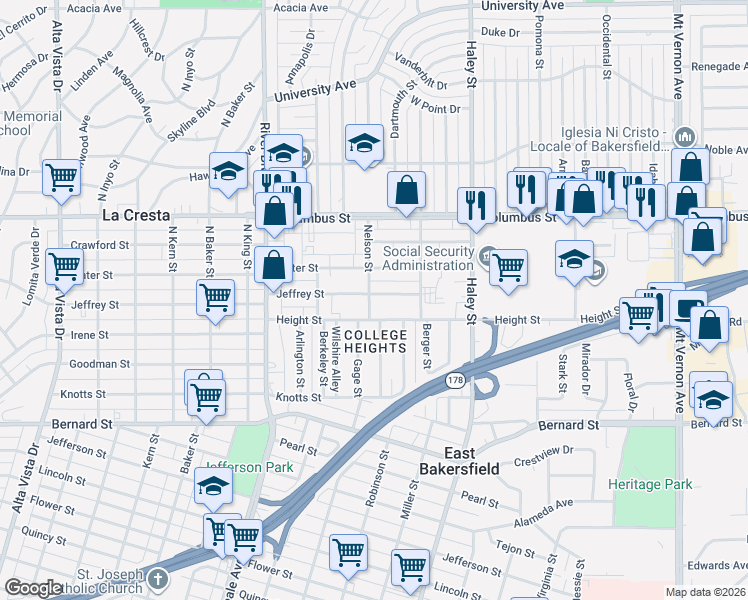 map of restaurants, bars, coffee shops, grocery stores, and more near 1201 Jeffrey Street in Bakersfield