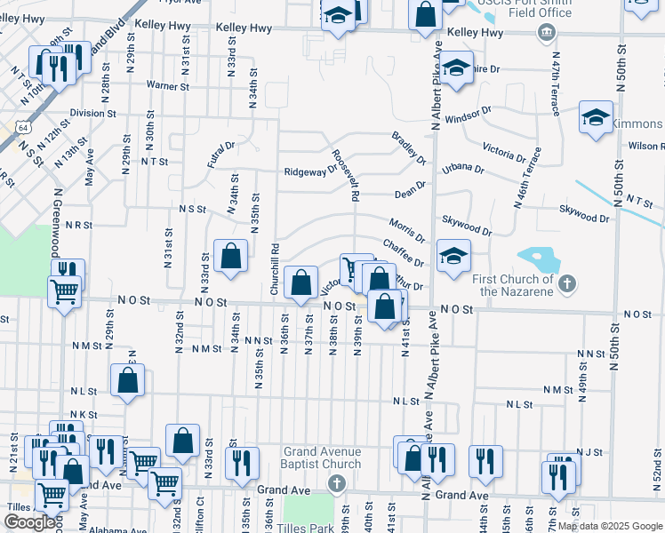 map of restaurants, bars, coffee shops, grocery stores, and more near 3716 Macarthur Drive in Fort Smith