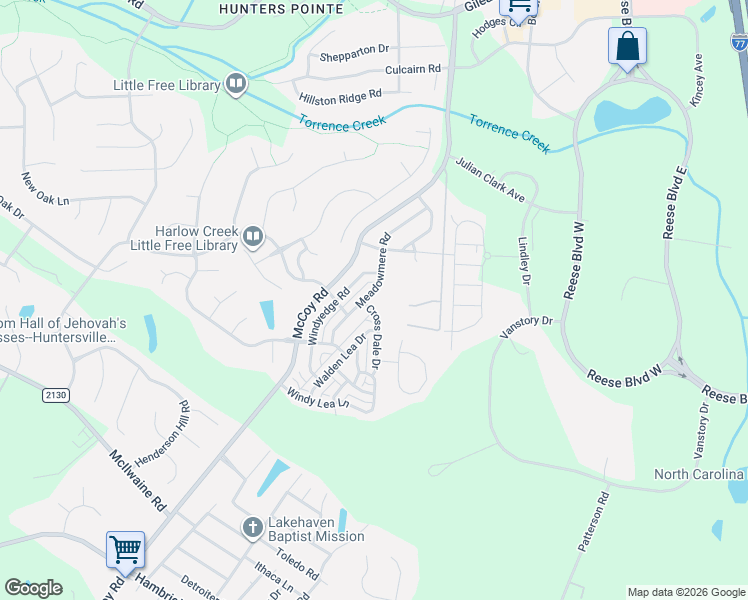 map of restaurants, bars, coffee shops, grocery stores, and more near 12633 Cross Dale Drive in Huntersville