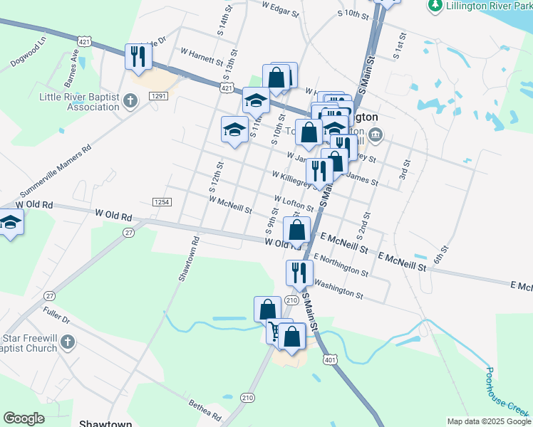 map of restaurants, bars, coffee shops, grocery stores, and more near 104 West McNeill Street in Lillington