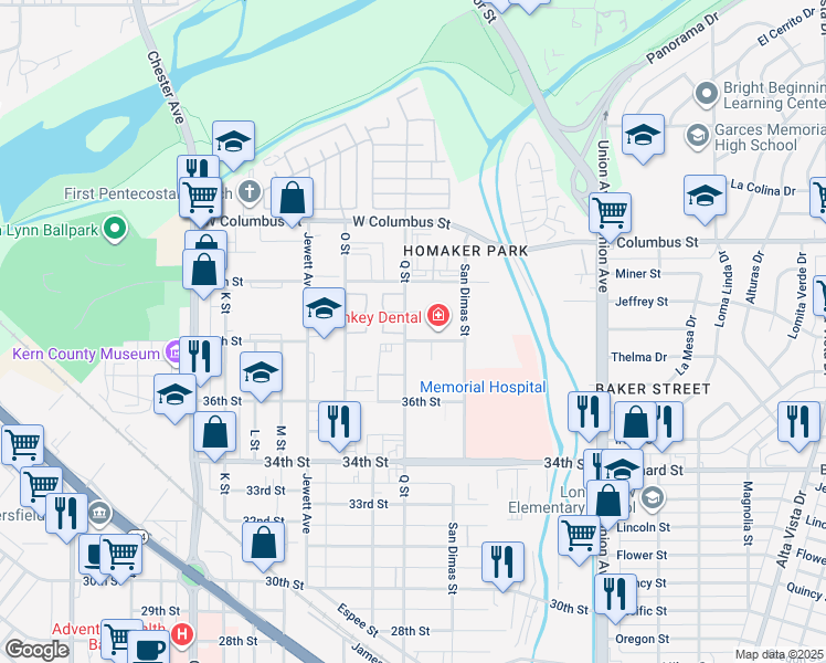 map of restaurants, bars, coffee shops, grocery stores, and more near 3700 38th Street in Bakersfield