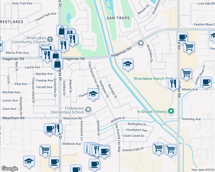map of restaurants, bars, coffee shops, grocery stores, and more near 3718 Southpass Drive in Bakersfield
