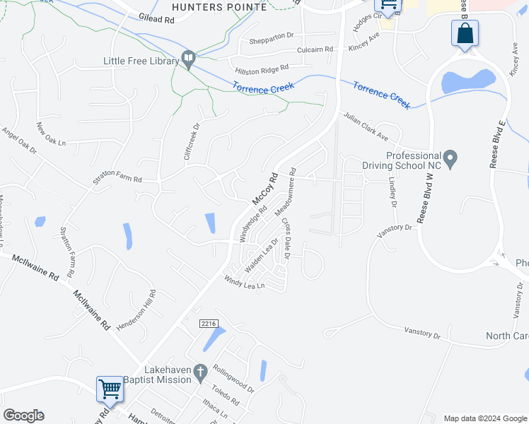 map of restaurants, bars, coffee shops, grocery stores, and more near 12655 Windyedge Road in Huntersville