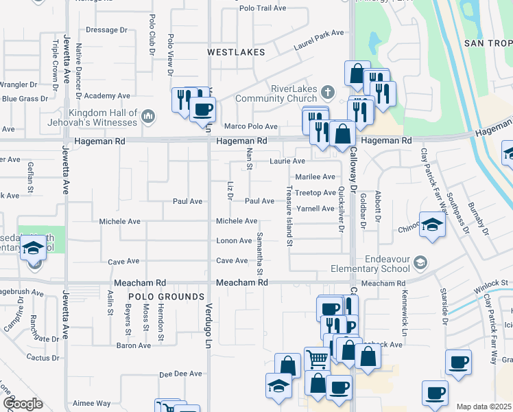 map of restaurants, bars, coffee shops, grocery stores, and more near 10205 Paul Avenue in Bakersfield
