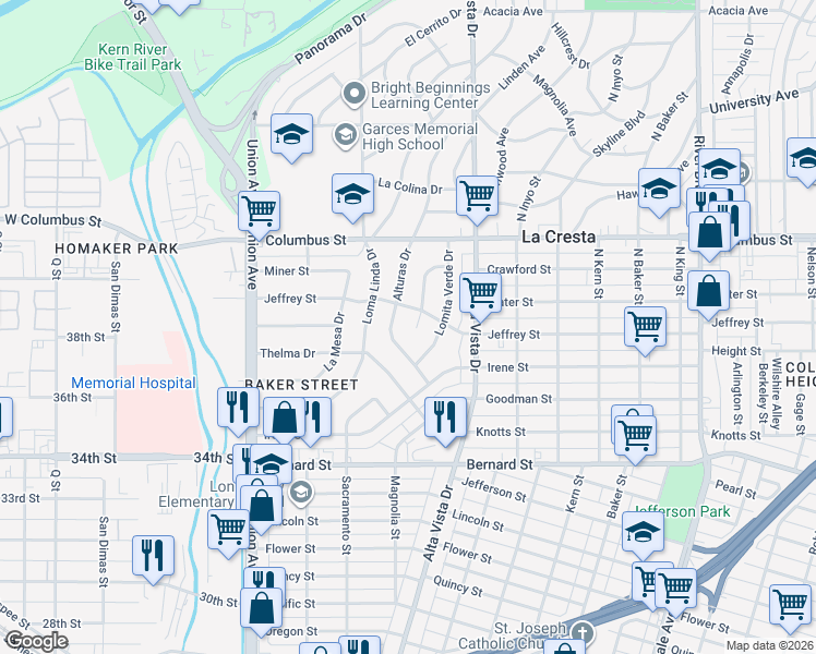 map of restaurants, bars, coffee shops, grocery stores, and more near 2404 La Siesta Drive in Bakersfield