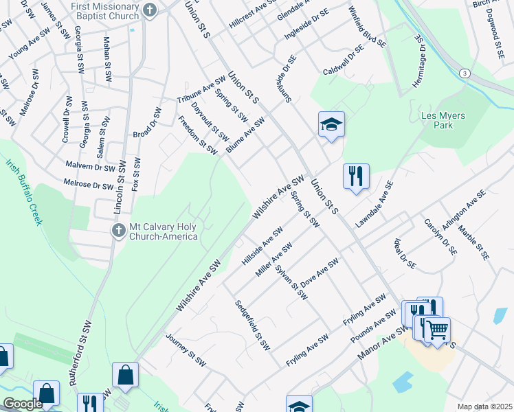 map of restaurants, bars, coffee shops, grocery stores, and more near 100 Wilshire Avenue Southwest in Concord