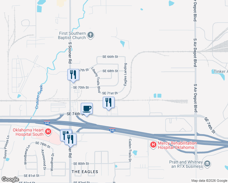 map of restaurants, bars, coffee shops, grocery stores, and more near 6017 Southeast 71st Street in Oklahoma City