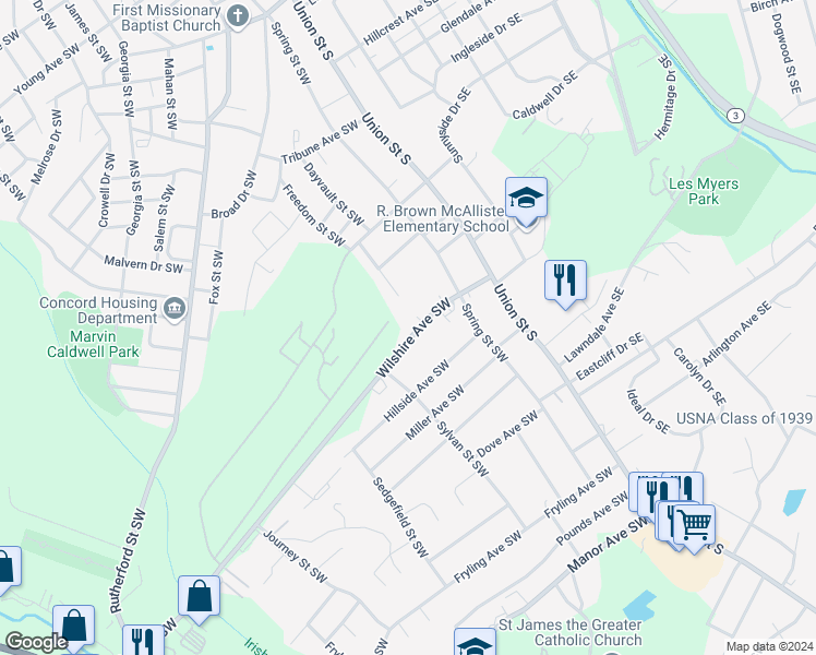 map of restaurants, bars, coffee shops, grocery stores, and more near 100 Wilshire Avenue Southwest in Concord