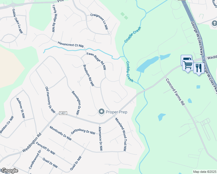 map of restaurants, bars, coffee shops, grocery stores, and more near 1500 New Gate Court Northwest in Concord