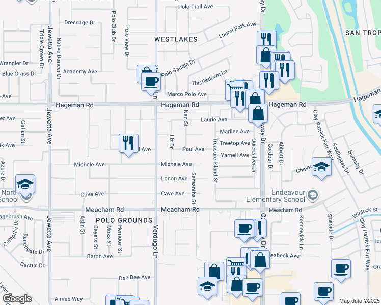map of restaurants, bars, coffee shops, grocery stores, and more near 10205 Paul Avenue in Bakersfield