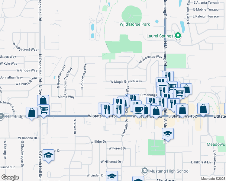 map of restaurants, bars, coffee shops, grocery stores, and more near 426 West Strasburg Way in Mustang