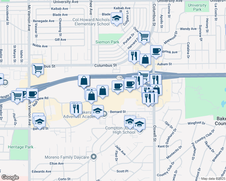 map of restaurants, bars, coffee shops, grocery stores, and more near 3301 Mall View Road in Bakersfield