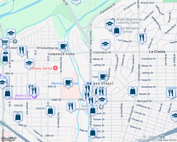 map of restaurants, bars, coffee shops, grocery stores, and more near 2 Thelma Drive in Bakersfield