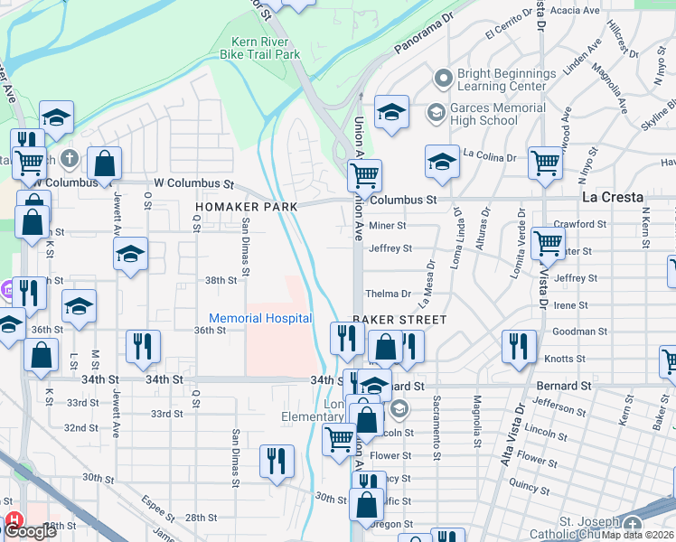 map of restaurants, bars, coffee shops, grocery stores, and more near 3807 Union Avenue in Bakersfield