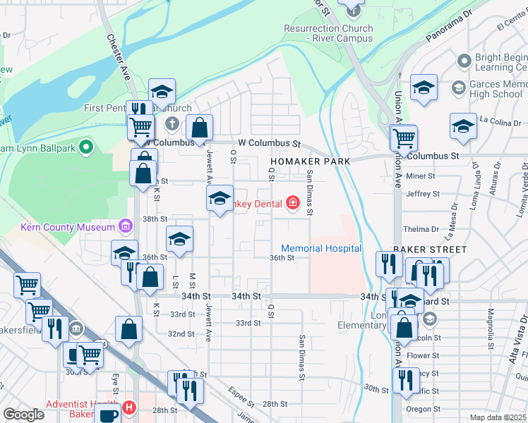 map of restaurants, bars, coffee shops, grocery stores, and more near 3901 Q Street in Bakersfield