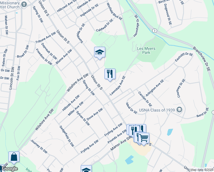 map of restaurants, bars, coffee shops, grocery stores, and more near 621 Union Street South in Concord