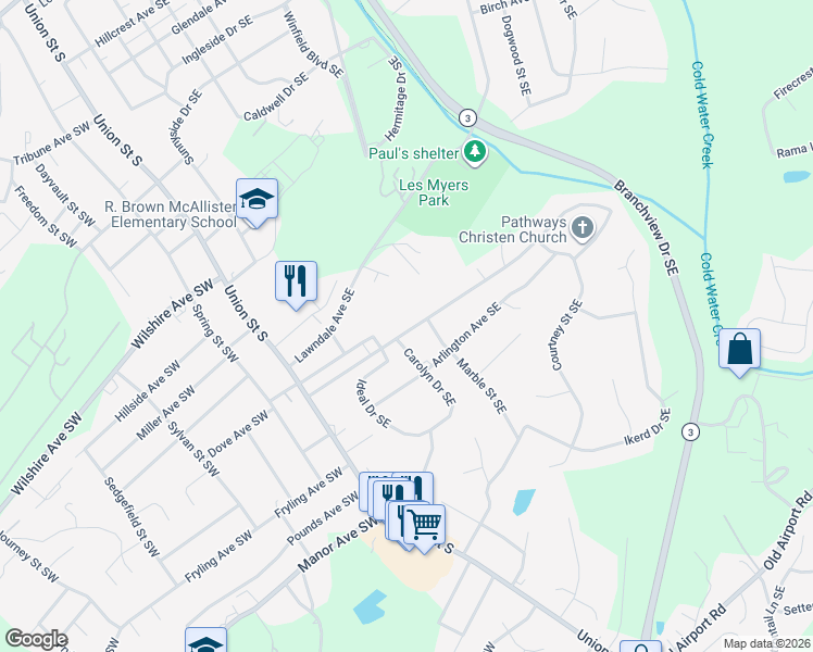 map of restaurants, bars, coffee shops, grocery stores, and more near 115 Eastcliff Drive Southeast in Concord