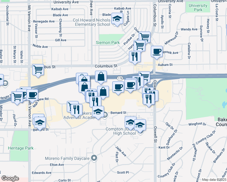 map of restaurants, bars, coffee shops, grocery stores, and more near 3401 Mall View Road in Bakersfield