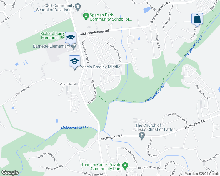 map of restaurants, bars, coffee shops, grocery stores, and more near 6628 Colonial Garden Drive in Huntersville