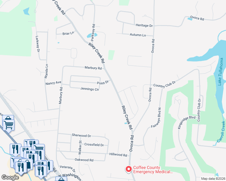 map of restaurants, bars, coffee shops, grocery stores, and more near 127 Riley Creek Road in Tullahoma