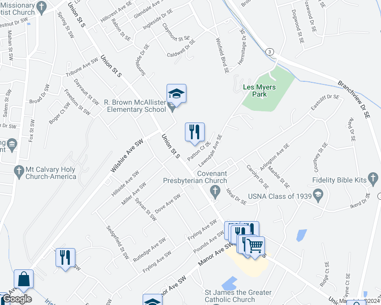 map of restaurants, bars, coffee shops, grocery stores, and more near 621 Union Street South in Concord