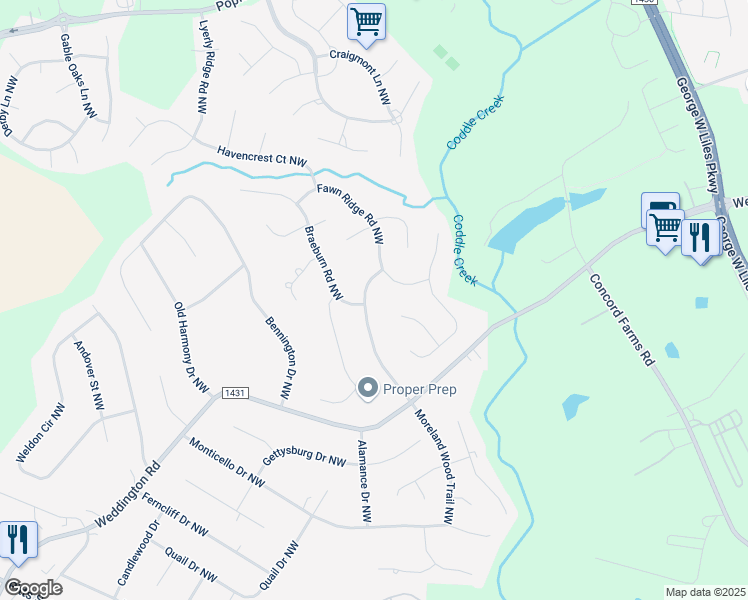 map of restaurants, bars, coffee shops, grocery stores, and more near 1412 Hansom Lane Northwest in Concord