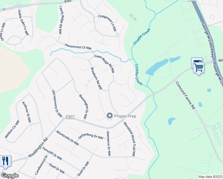map of restaurants, bars, coffee shops, grocery stores, and more near 1412 Hansom Lane Northwest in Concord