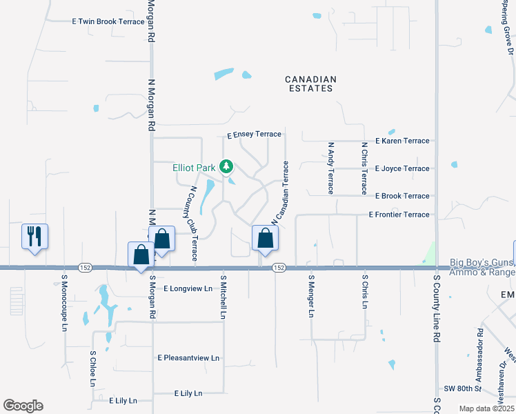 map of restaurants, bars, coffee shops, grocery stores, and more near 1939 East Willow Creek Terrace in Mustang