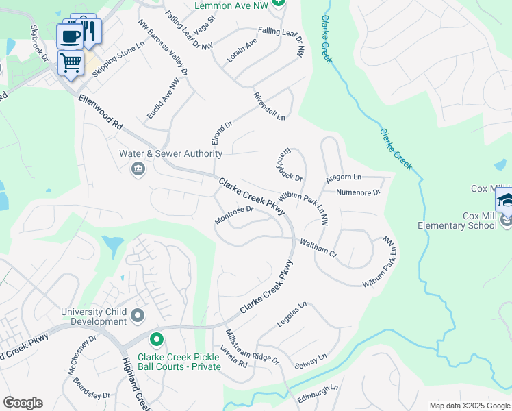 map of restaurants, bars, coffee shops, grocery stores, and more near 10337 Montrose Drive in Charlotte