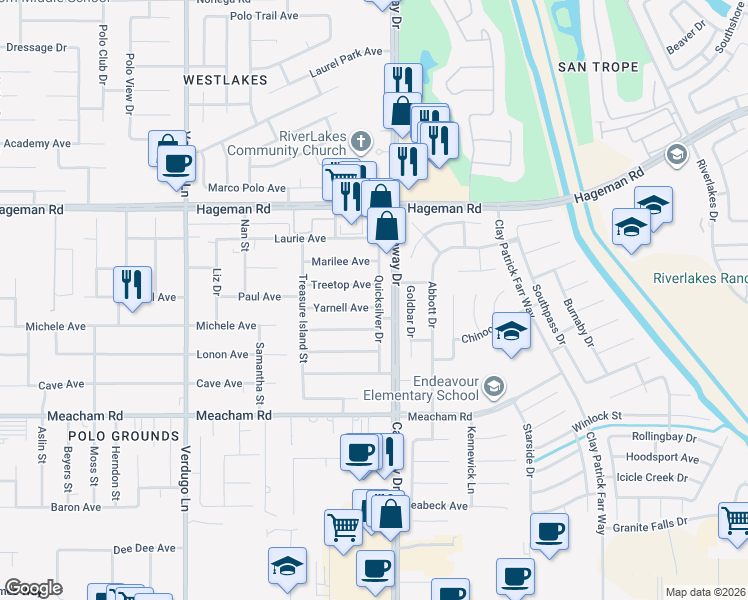 map of restaurants, bars, coffee shops, grocery stores, and more near 9800 Yarnell Avenue in Bakersfield