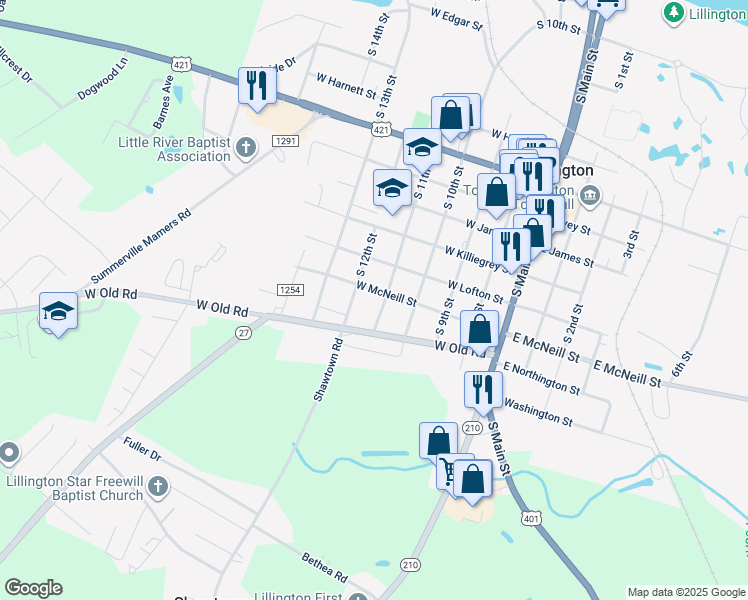 map of restaurants, bars, coffee shops, grocery stores, and more near 403 West McNeill Street in Lillington