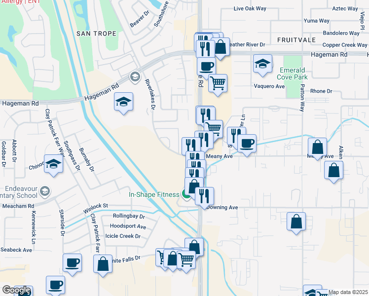 map of restaurants, bars, coffee shops, grocery stores, and more near 3850 Riverlakes Drive in Bakersfield
