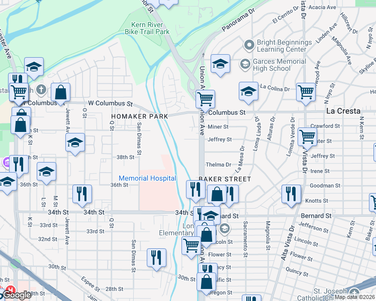 map of restaurants, bars, coffee shops, grocery stores, and more near 3901 Union Avenue in Bakersfield