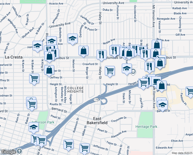 map of restaurants, bars, coffee shops, grocery stores, and more near 1313 Water Street in Bakersfield