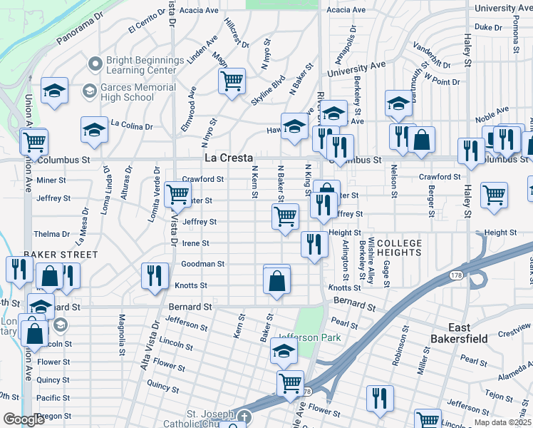 map of restaurants, bars, coffee shops, grocery stores, and more near 600 Water Street in Bakersfield