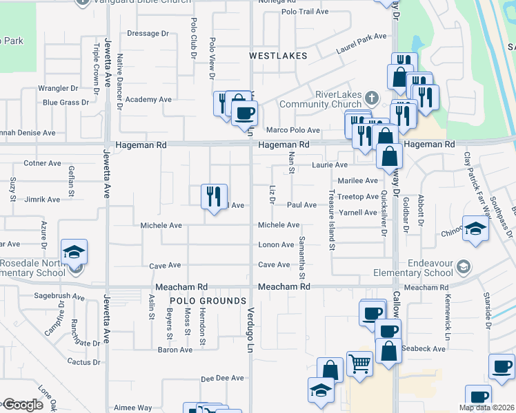 map of restaurants, bars, coffee shops, grocery stores, and more near 3933 Liz Drive in Bakersfield