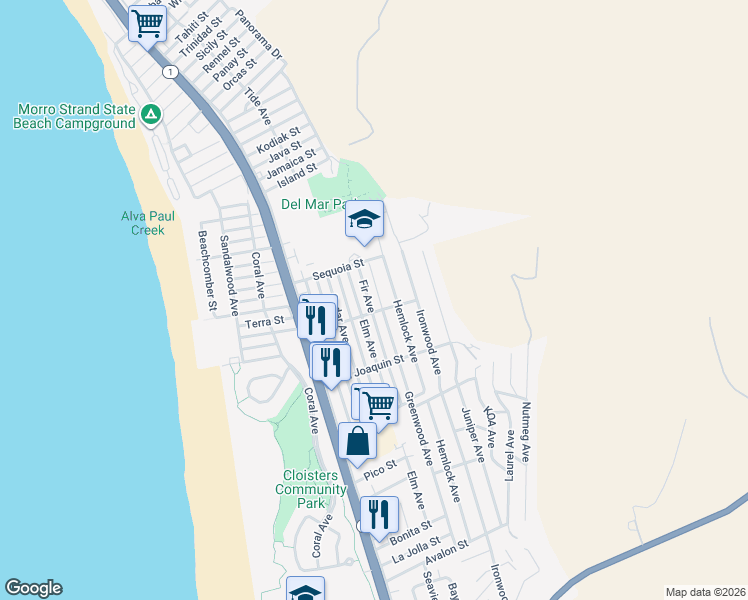 map of restaurants, bars, coffee shops, grocery stores, and more near 2975 Fir Avenue in Morro Bay