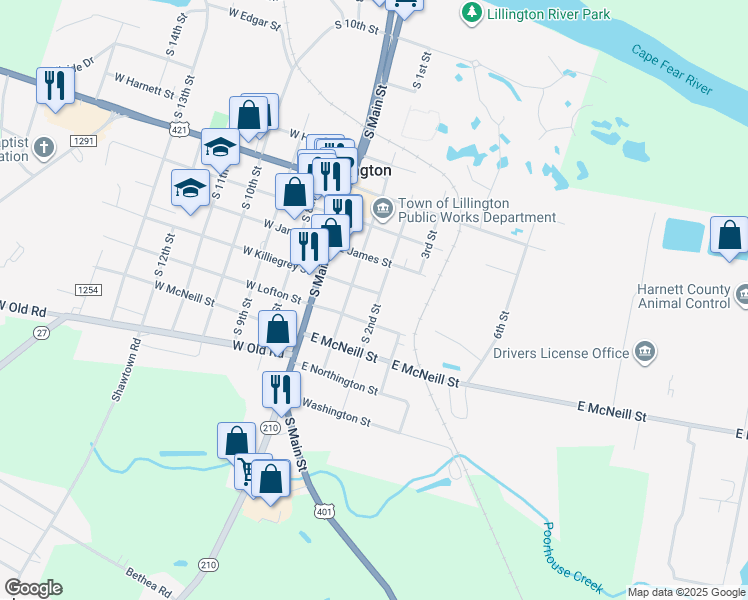 map of restaurants, bars, coffee shops, grocery stores, and more near 1005 South 2nd Street in Lillington