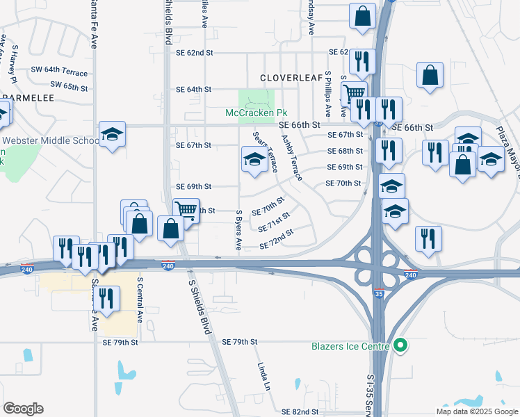 map of restaurants, bars, coffee shops, grocery stores, and more near 506 Southeast 69th Street in Oklahoma City