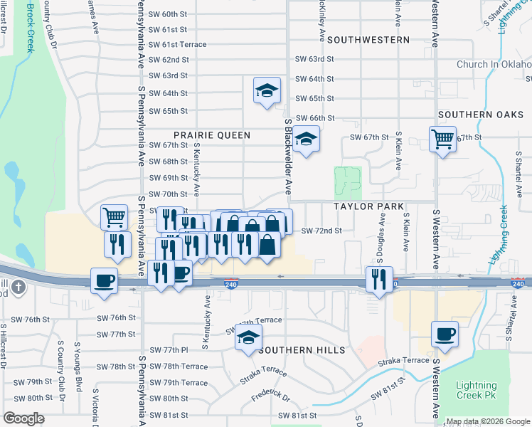map of restaurants, bars, coffee shops, grocery stores, and more near 1320 Southwest 71st Street in Oklahoma City