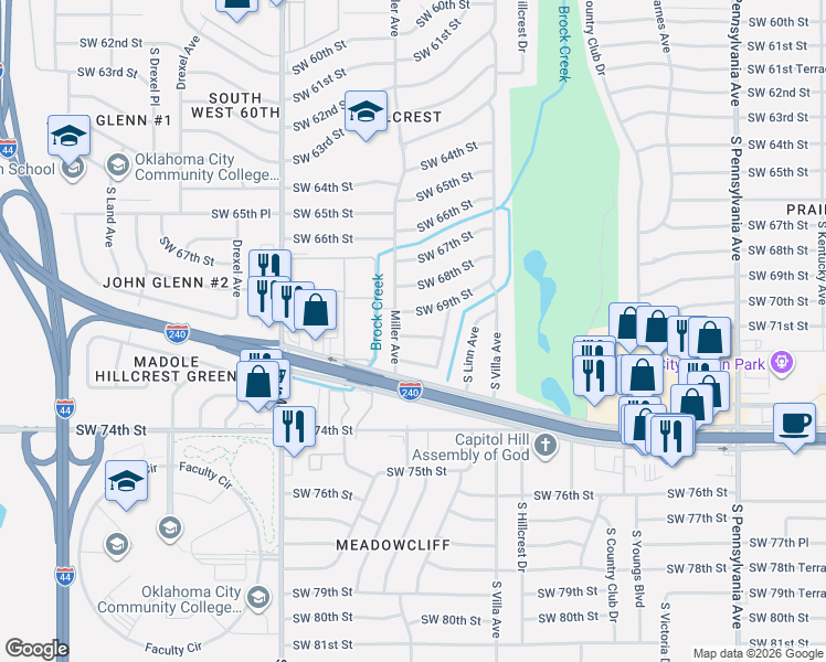 map of restaurants, bars, coffee shops, grocery stores, and more near 2613 Southwest 69th Street in Oklahoma City