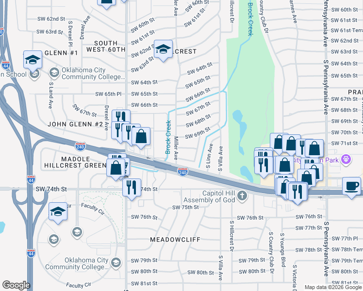 map of restaurants, bars, coffee shops, grocery stores, and more near 2613 Southwest 69th Street in Oklahoma City