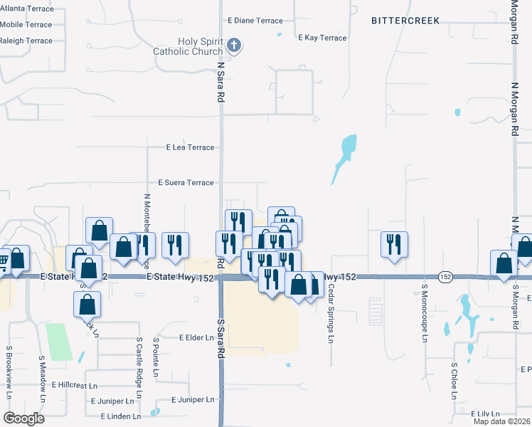 map of restaurants, bars, coffee shops, grocery stores, and more near 374-598 South Sara Road in Mustang