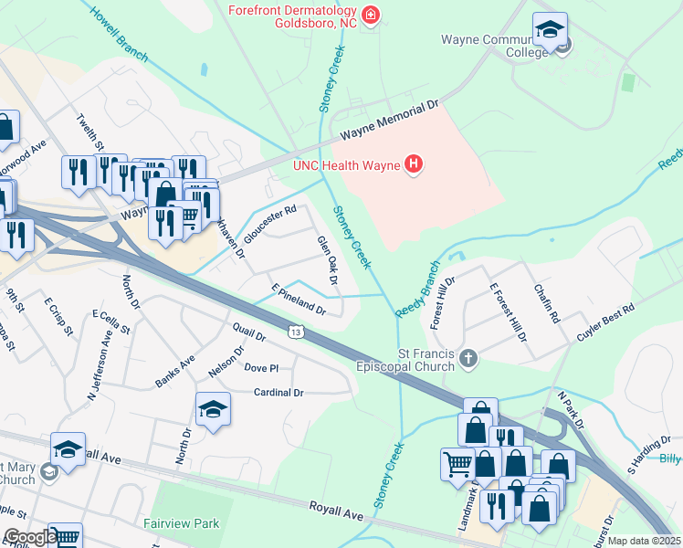 map of restaurants, bars, coffee shops, grocery stores, and more near 307 Glen Oak Drive in Goldsboro