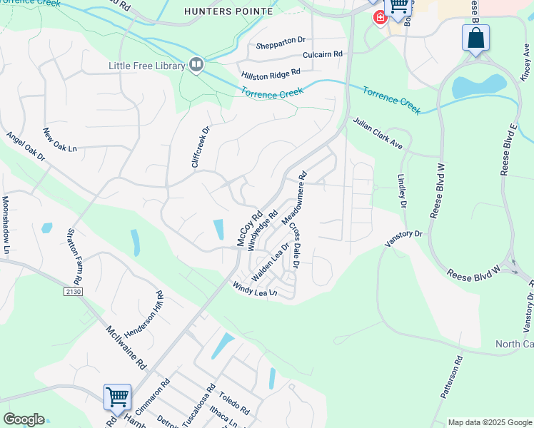map of restaurants, bars, coffee shops, grocery stores, and more near 12658 Windyedge Road in Huntersville