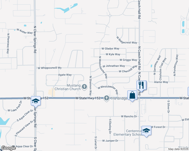 map of restaurants, bars, coffee shops, grocery stores, and more near 1233 West Johnathan Way in Mustang